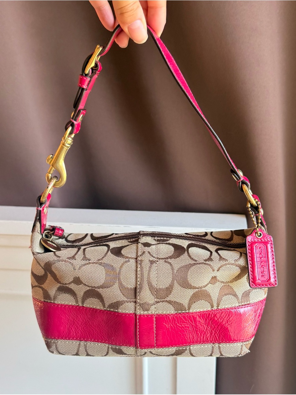 Vintage Coach monogram mini shoulder bag with pink leather stripe